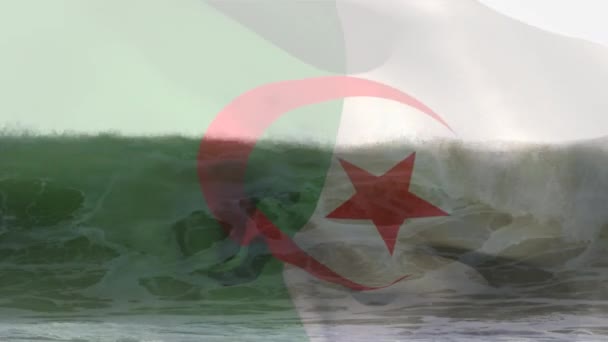 Animación Bandera Algeria Soplando Sobre Las Olas Mar Viajes Vacaciones — Vídeo de stock
