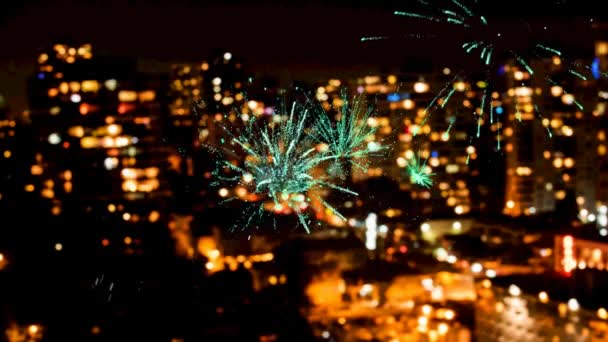 Animation Des Silvestertextes Über Dem Stadtbild Silvester Tradition Und Festkonzept — Stockvideo