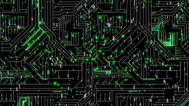 Animation Green Glowing Light Trails Moving Processor Circuit Board Data — Stock Video