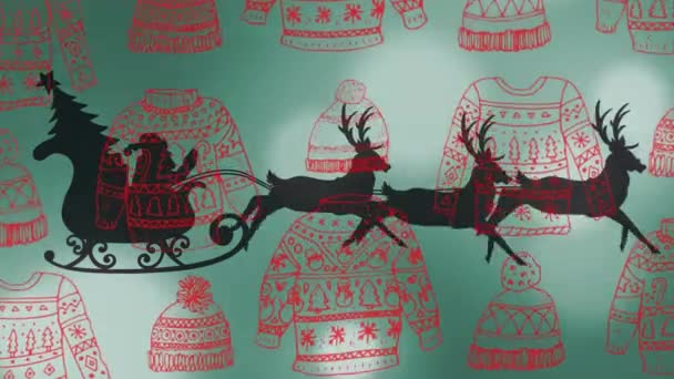 Анімація Червоних Різдвяних Солодощів Капелюхів Над Сантою Клаус Санчатах Оленями — стокове відео