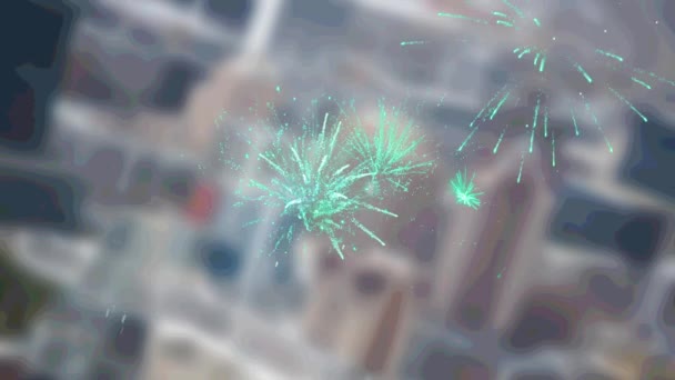 Frohes Neues Jahr Text Über Feuerwerk Platzt Gegen Luftaufnahme Des — Stockvideo