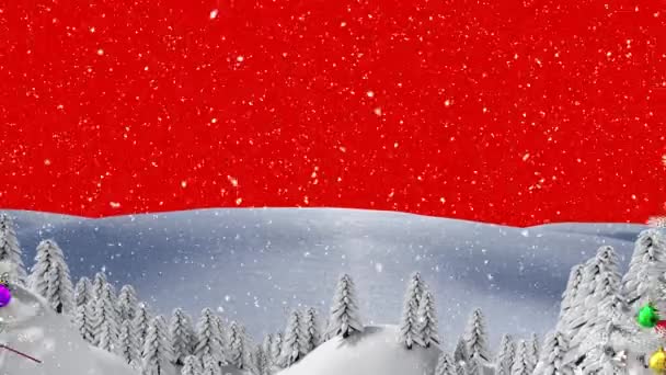 Animacja Zimowej Scenerii Jodłami Czerwonym Tle Boże Narodzenie Zima Tradycja — Wideo stockowe