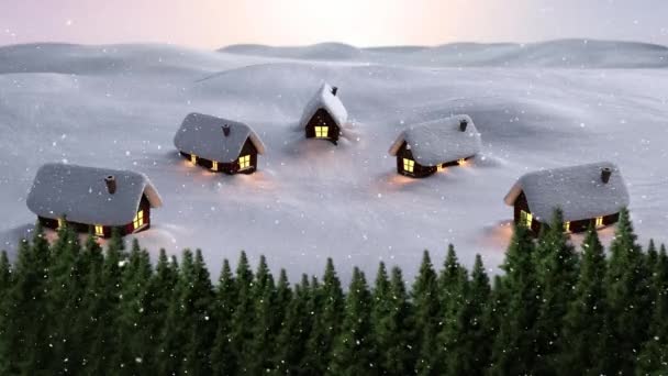 Animation Snow Falling Houses Fir Trees Winter Scenery Christmas Tradition — Stock Video