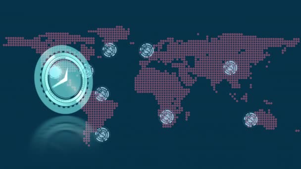 Анимация Часов Сетями Соединений Карте Мира Глобальные Соединения Обработка Данных — стоковое видео