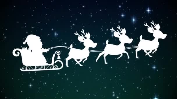 トナカイや暗い背景に落ちる星とそりでサンタクラスのアニメーション クリスマス お祝いのコンセプトをデジタルで — ストック動画