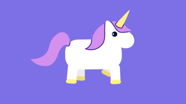 Animation Von Einhorn Und Blumen Auf Regenbogen Vor Violettem Hintergrund — Stockvideo