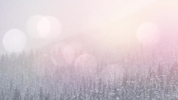 Flecken Bokeh Licht Gegen Schnee Der Über Die Winterlandschaft Fällt — Stockvideo