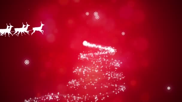Animace Vánočního Stromku Santa Saních Soby Červeném Pozadí Vánoční Zimní — Stock video
