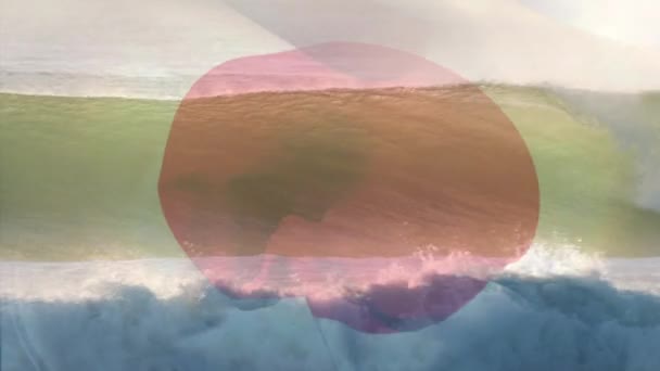 Animation Einer Japanischen Flagge Die Über Einer Welle Meer Weht — Stockvideo