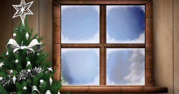 Pencereden Noel Ağacından Görülen Ren Geyikleriyle Kızakta Noel Baba Nın — Stok video