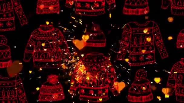 Анімація Джемперів Капелюхів Над Яскравими Червоними Серцями Різдво Традиція Концепція — стокове відео