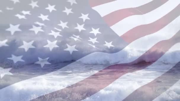 Animación Bandera Los Estados Unidos Que Soplan Sobre Paisaje Marino — Vídeo de stock
