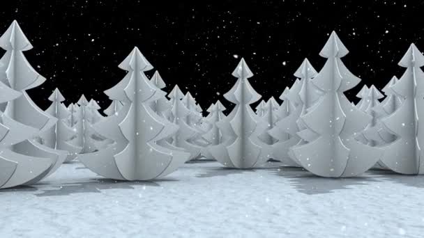 Schnee Fällt Über Mehrere Bäume Auf Winterlandschaft Vor Schwarzem Hintergrund — Stockvideo