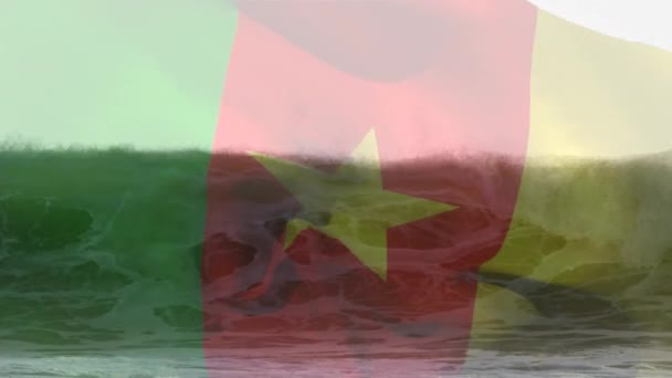 在海滩海景上飘扬的茶花旗的动画 爱国主义和庆祝概念数字制作的录像 — 图库视频影像