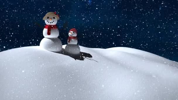 Neve Che Cade Sulla Donna Delle Nevi Pupazzo Neve Bambino — Video Stock