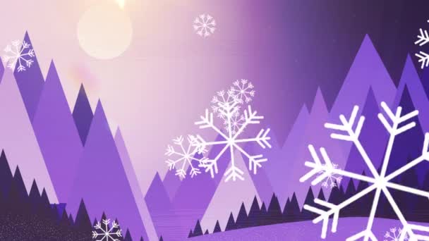 冬の風景の上でトナカイに引っ張られながら そりでサンタクラスに落ちていく雪の結晶 クリスマス フェスティバルとお祝いのコンセプト — ストック動画