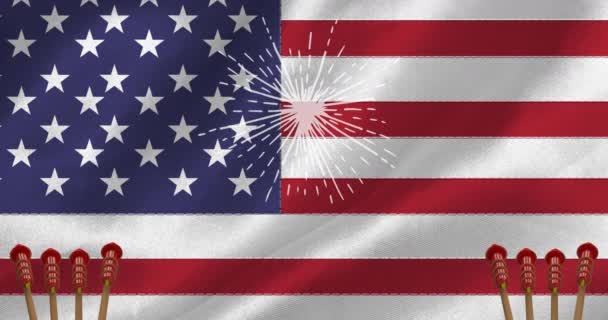 Анімація Феєрверків Над Прапором Америки Американський Патріотизм Незалежність Святкування Концепції — стокове відео