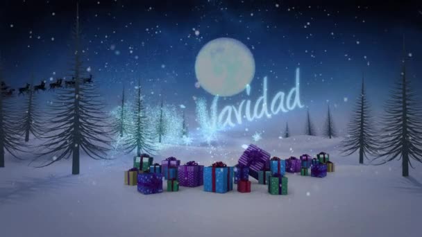 Κινούμενα Σχέδια Χειμερινού Τοπίου Δώρα Και Santa Claus Στο Έλκηθρο — Αρχείο Βίντεο