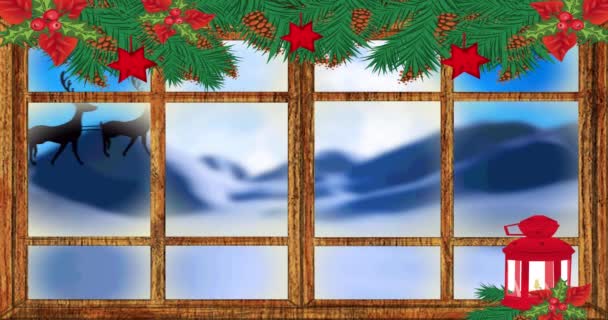 Animación Santa Claus Trineo Con Renos Vistos Través Ventanas Decoraciones — Vídeo de stock