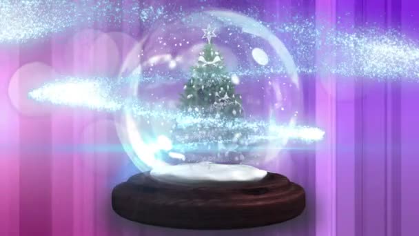 輝く多色のスポットの上にクリスマスツリーと雪の地球のアニメーション クリスマス お祝いのコンセプトをデジタルで — ストック動画
