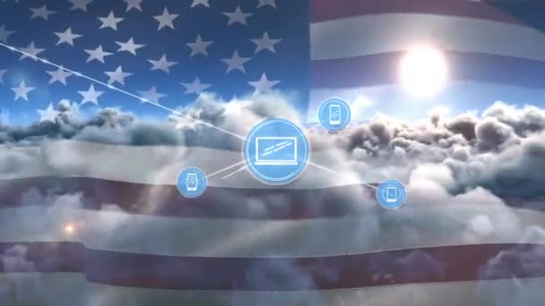 Animation Network Connections Icons Laptops Smartphones Usa Flag Clouds Global — Stock Video