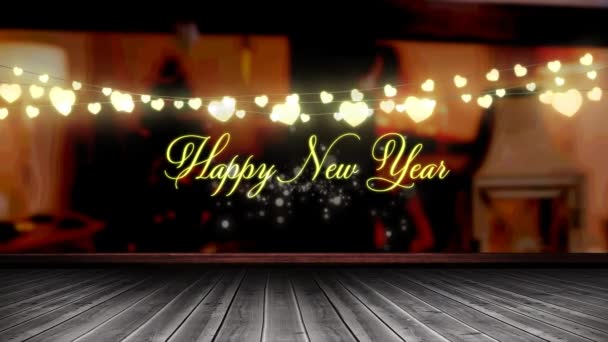 Animação Luzes Fadas Feliz Ano Novo Texto Sobre Placas Madeira — Vídeo de Stock
