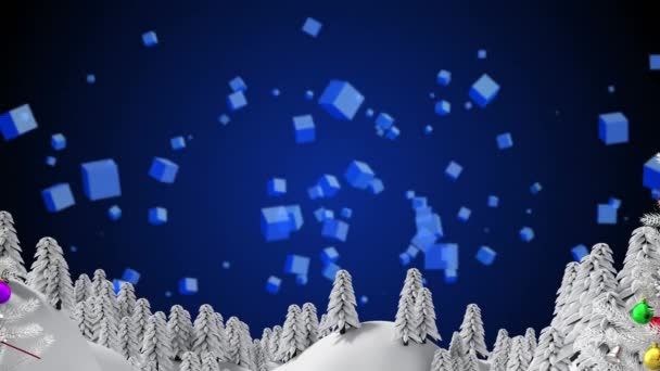 青い幾何学的形状に冬の土地の風景やクリスマスの装飾のアニメーション クリスマス 伝統とお祝いのコンセプトデジタルで生成されたビデオ — ストック動画