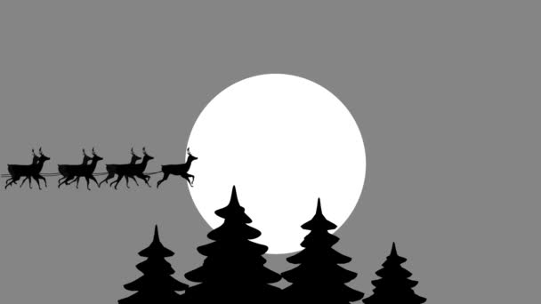 Animation Santa Claus Sleigh Reindeer Snow Falling Grey Background Christmas — Stock Video