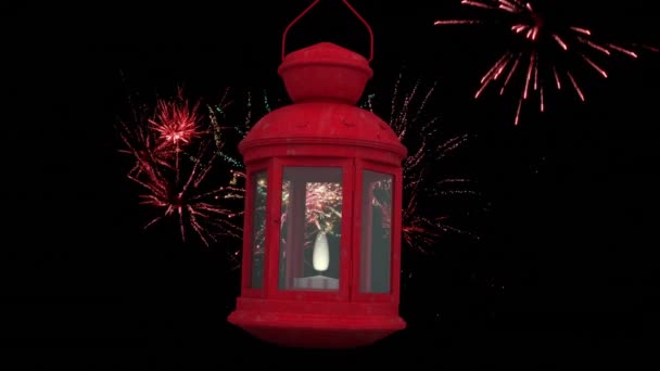 Animacja Czerwonej Latarni Nad Fajerwerkami Ciemnym Tle Boże Narodzenie Tradycja — Wideo stockowe