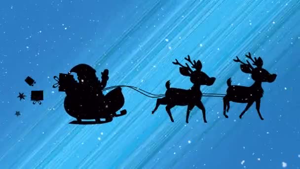 Noel Baba Nın Kızaktaki Animasyonu Ren Geyiği Mavi Arka Planda — Stok video