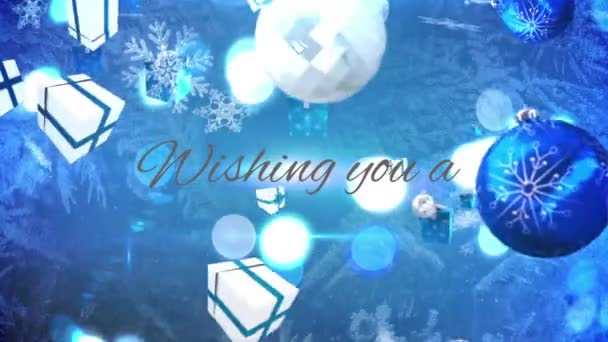 Щасливі Свята Сірий Текстовий Банер Різдвяні Подарунки Сукні Падають Синій — стокове відео