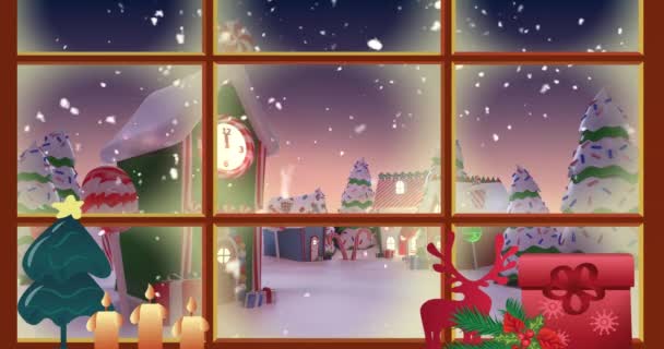 Animatie Van Sneeuw Vallen Kerst Versierde Huizen Het Winterlandschap Kerstmis — Stockvideo