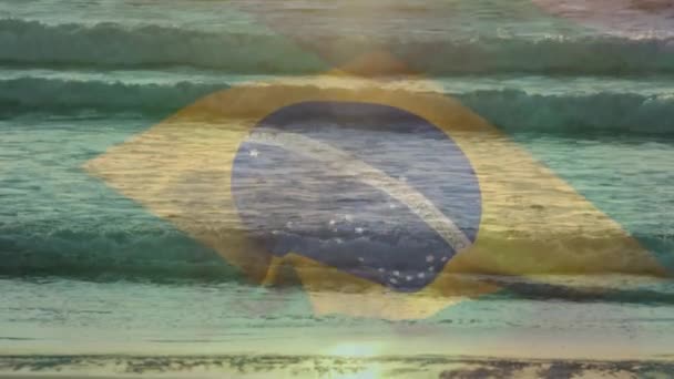 Animación Bandera Brasil Soplando Sobre Las Olas Mar Viajes Vacaciones — Vídeos de Stock