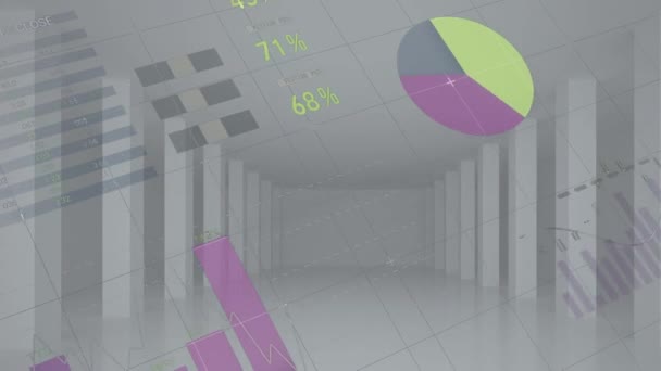 Animação Estatísticas Processamento Dados Sobre Interiores Vazios Sobre Fundo Cinzento — Vídeo de Stock