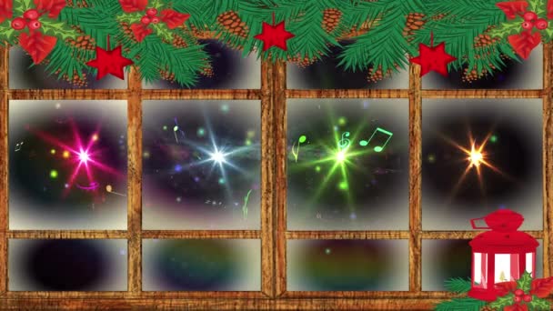 Weihnachtslampe Dekoration Und Holzfensterrahmen Über Bunten Lichtfleck Auf Schwarzem Hintergrund — Stockvideo