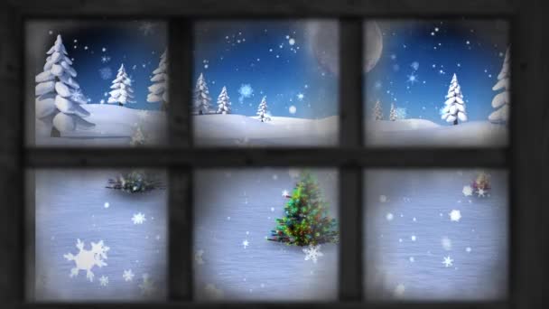 Animation Vue Fenêtre Arbre Noël Paysage Hivernal Animation Vue Fenêtre — Video