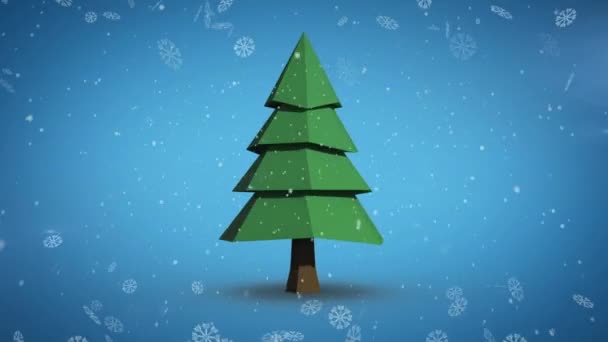 Sneeuwvlokken Vallen Draaiende Kerstboom Pictogram Tegen Blauwe Achtergrond Kerstfeest Viering — Stockvideo