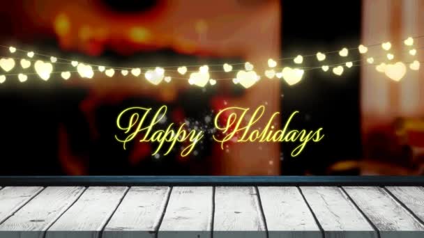 木製ボード上の妖精の光と幸せな休日のテキストのアニメーション クリスマス 伝統とお祝いのコンセプトデジタルで生成されたビデオ — ストック動画