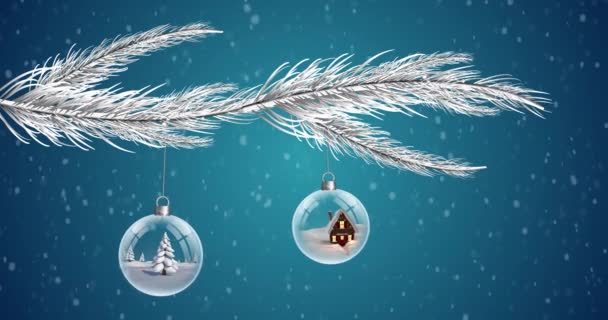 Animación Nieve Cayendo Sobre Decoración Navideña Con Chucherías Navidad Tradición — Vídeo de stock