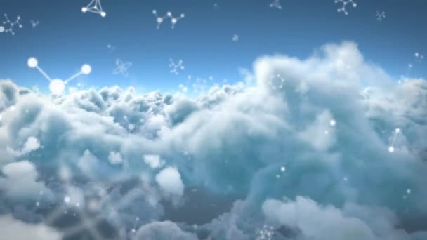 Animación Moléculas Moviéndose Sobre Cielo Nublado Investigación Médica Comunicación Interfaz — Vídeo de stock
