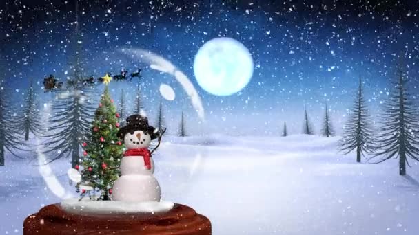 Animatie Van Sneeuw Vallen Kerstman Slee Met Rendieren Sneeuwbol Met — Stockvideo