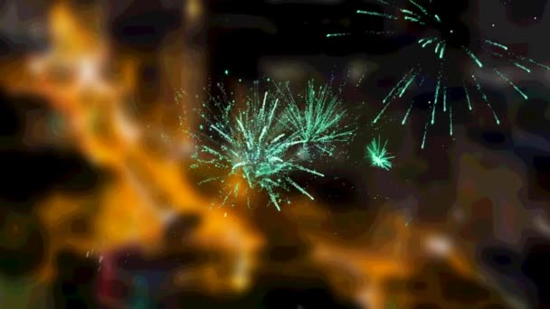 Szczęśliwego Nowego Roku Tekst Nad Fajerwerkami Wybuchające Przeciwko Widok Powietrza — Wideo stockowe