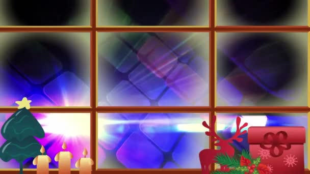 Animation Glowing Purple Mosaic Seen Window Christmas Decoration Christmas Tradition — Stock Video