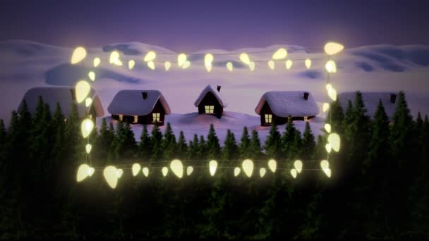 Luces Hadas Decorativas Brillantes Amarillas Contra Paisaje Invernal Con Casas — Vídeos de Stock