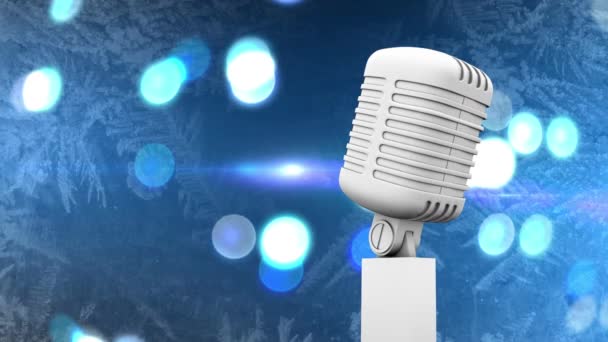 Retro Bílý Mikrofon Proti Skvrnám Světla Modrém Pozadí Hudební Událost — Stock video
