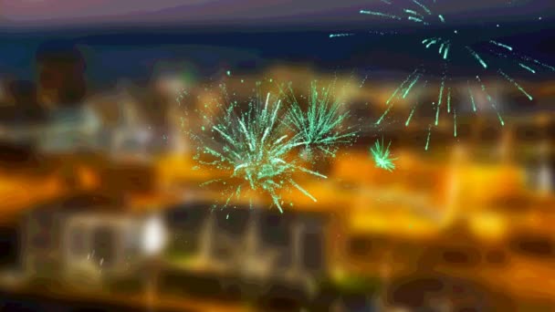 Felice Anno Nuovo Testo Sui Fuochi Artificio Scoppiando Contro Vista — Video Stock