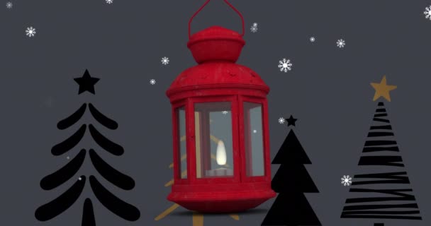 Animering Snö Faller Över Jul Dekoration Med Lykta Jul Tradition — Stockvideo
