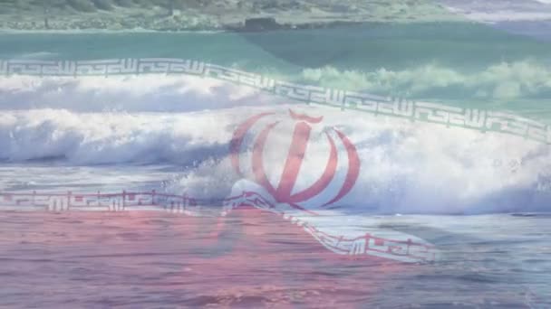 Animacja Flagi Iranu Wiejącego Nad Morskim Krajobrazem Plaży Podróże Wakacje — Wideo stockowe