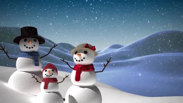 Animation Chutes Neige Sur Une Famille Bonhommes Neige Souriants Dans — Video