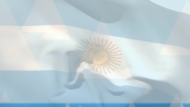 Animacja Flagi Argentyny Wieje Nad Pływającymi Trójkątami Ikoną Koszyka Zakupów — Wideo stockowe